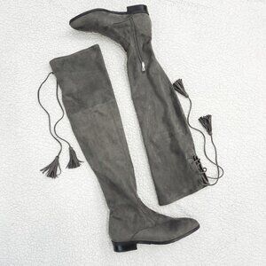 Marc Fisher Grey‎ Suede Over The Knee Lace Up Tassel Almond Toe Boots Size 7.5